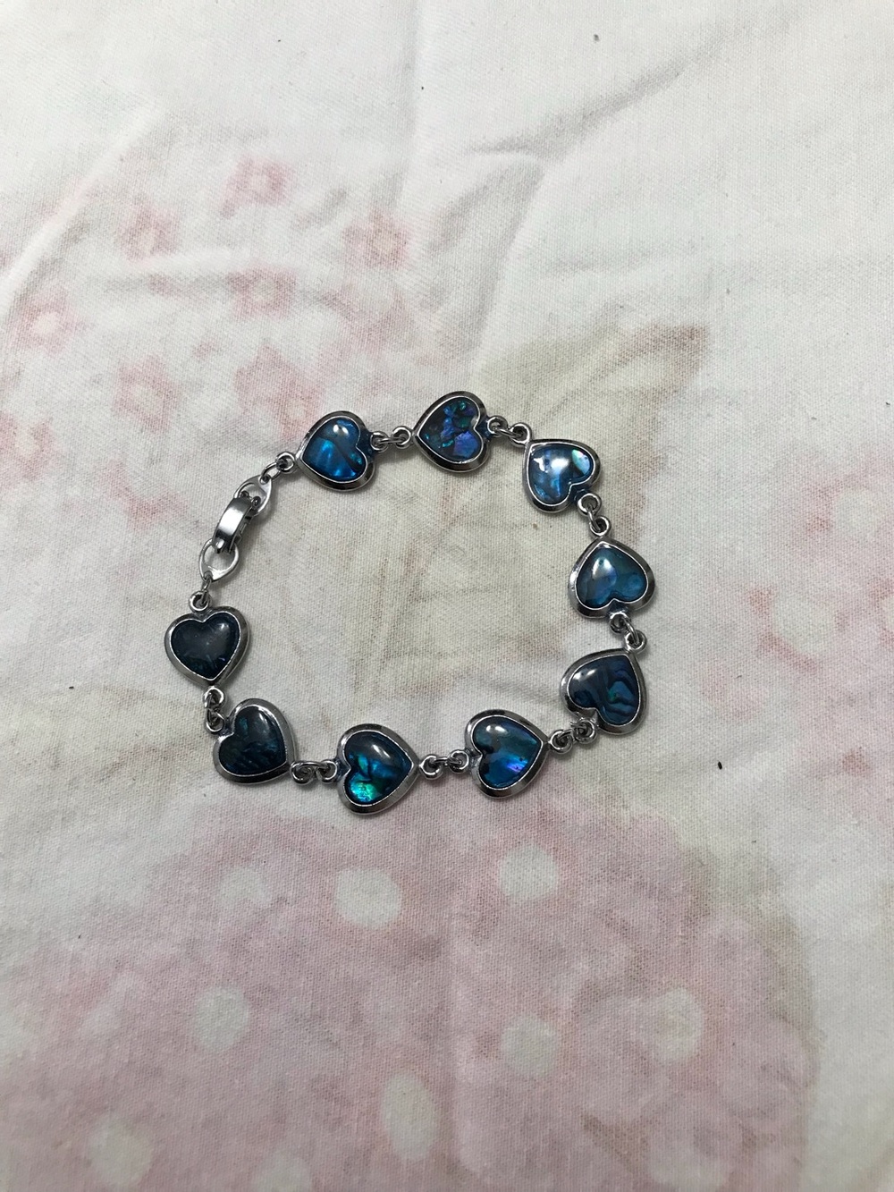 Silver Tone Blue Abalone Imitation Shell Heart Bracelet 8”